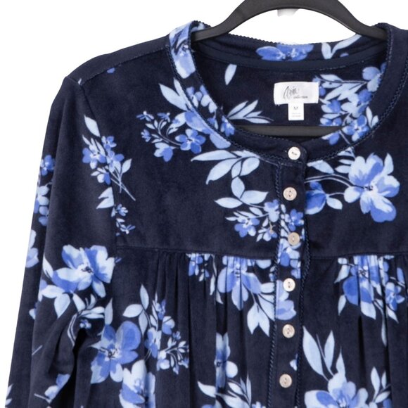 Aria Collection Fleece Nightgown M Womens Floral Navy Blue Long Sleeve Buttons - Picture 2 of 6